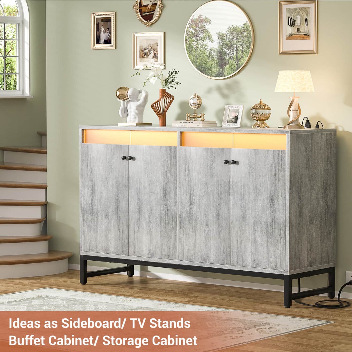 Storage Buffet Cabinet with Adjustable Shelves, Coffee Bar with Charging Station, LED Light