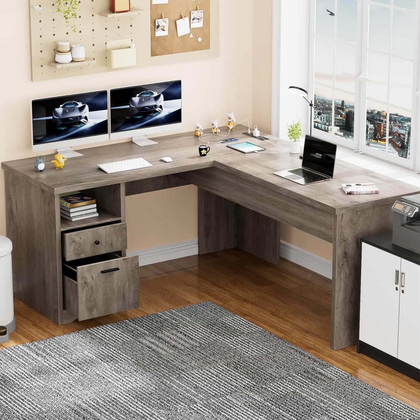 56" Lift Top Computer Desk with Drawers and Power Outlets, Lift Top