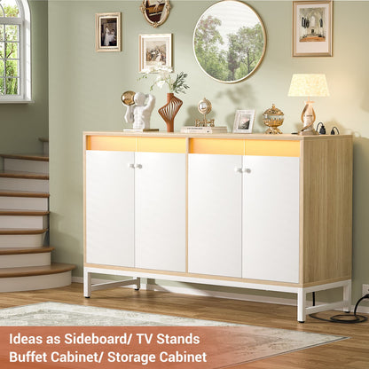 Storage Buffet Cabinet with Adjustable Shelves, Coffee Bar with Charging Station, LED Light