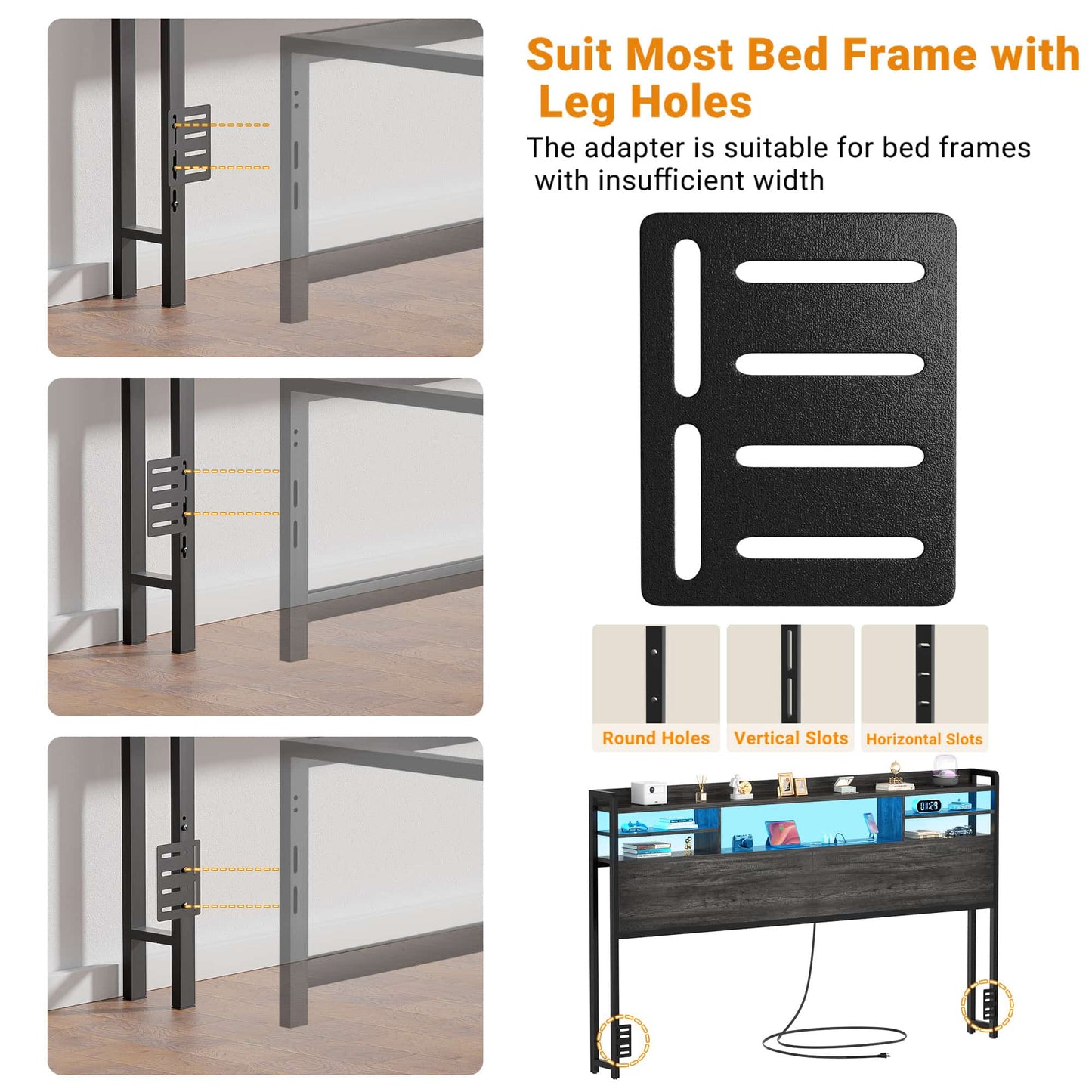King Headboard with Storage shelves and Charging Station, Wood Headboard with LED Light