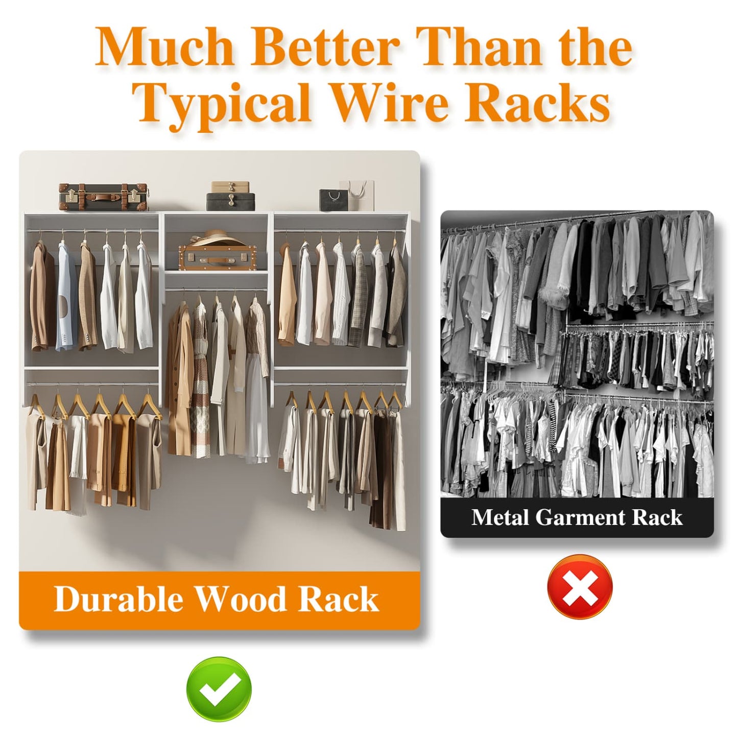 95" Closet Organizer with 5 Hanging Rods, Wall Mounted Clothes Hanging Rack for Organization