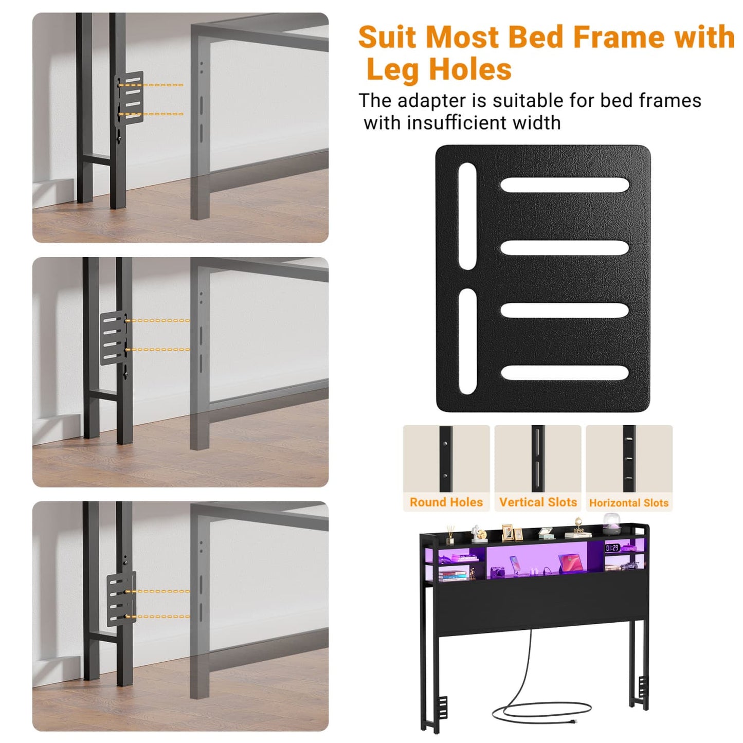Full Headboard with Storage shelves and Charging Station, Wood Headboard with LED Light