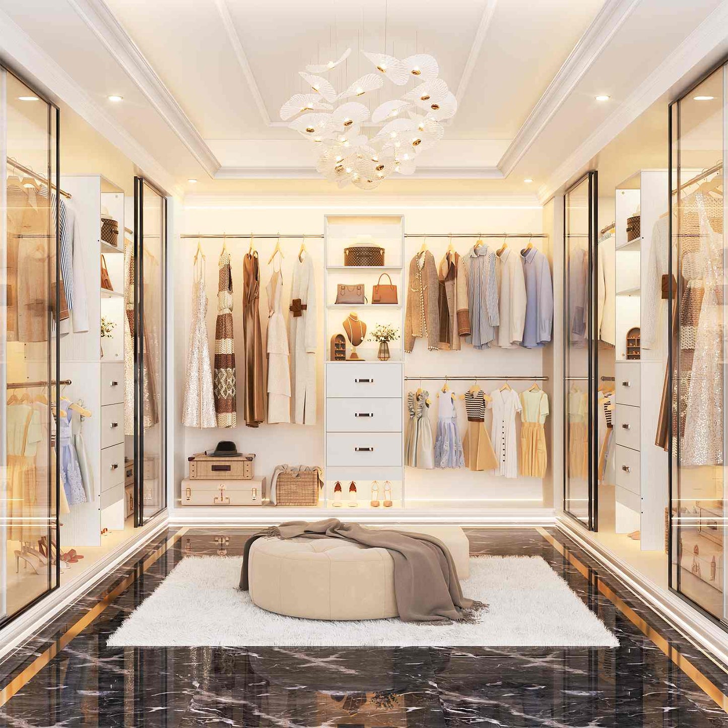 8FT Closet Organizer System with 3 Hanging Rods, 96'' Closet Organizers and Storage with 3 Wooden Drawers