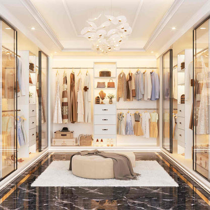 8FT Closet Organizer System with 3 Hanging Rods, 96'' Closet Organizers and Storage with 3 Wooden Drawers