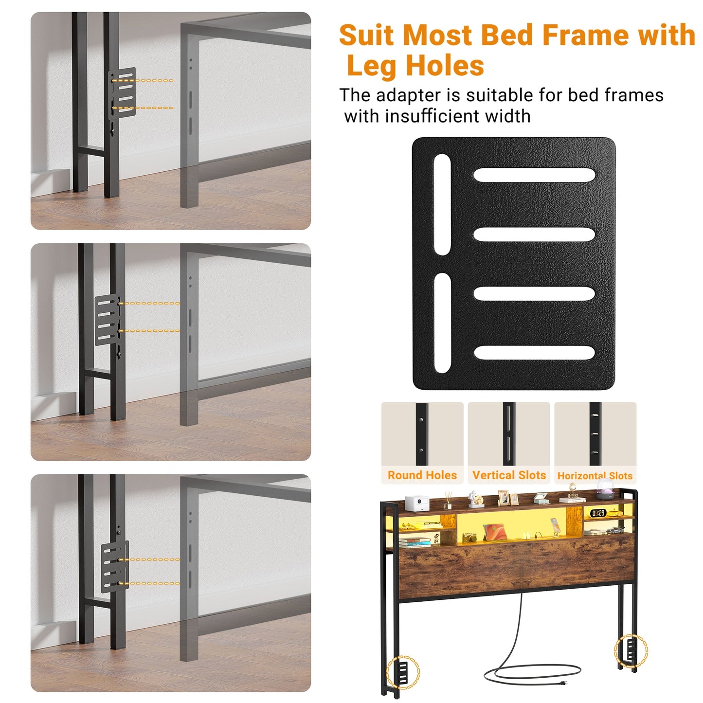 Queen Headboard with Storage shelves and Charging Station, Wood Headboard with LED Light