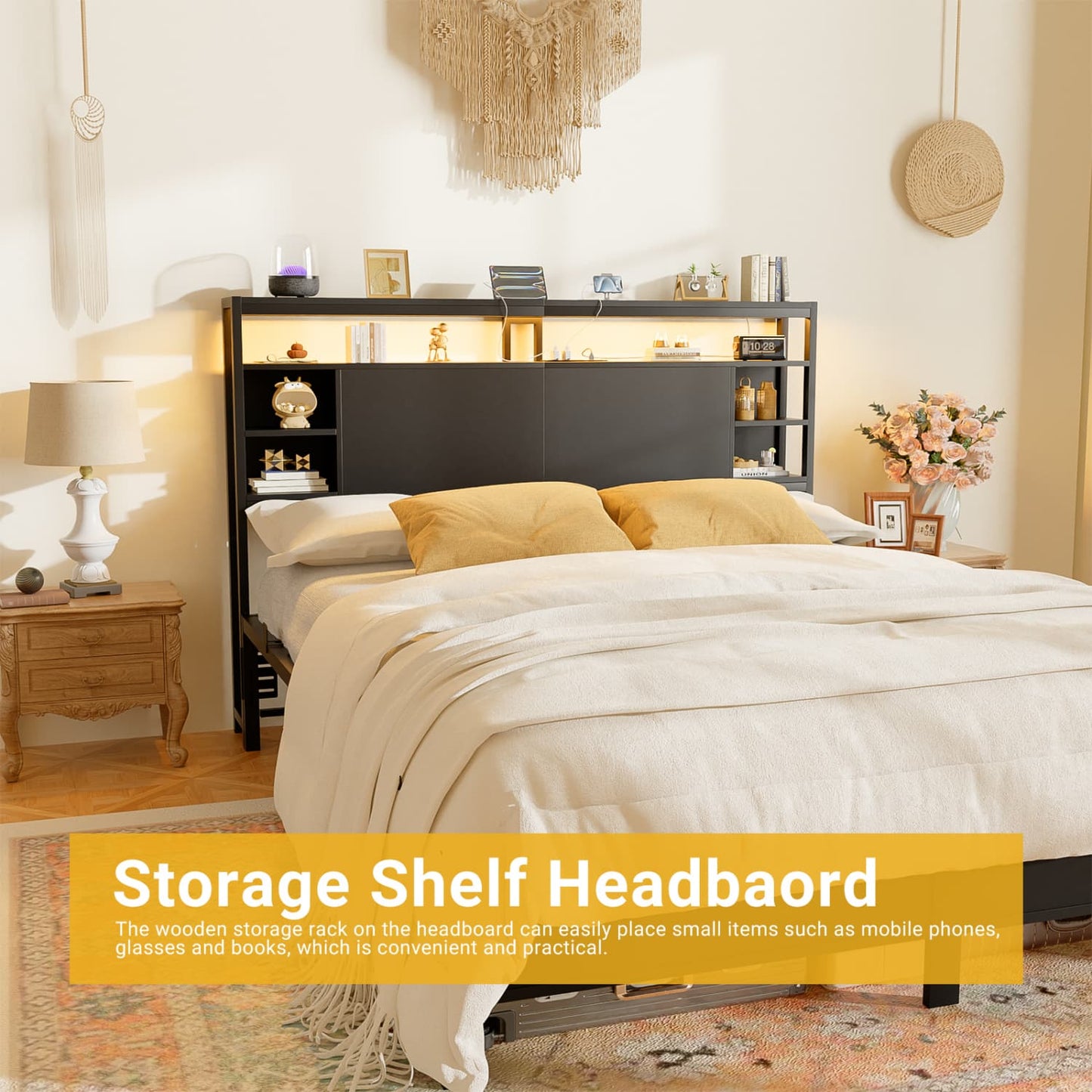 Queen Headboards with Power Outlets and Storage Space