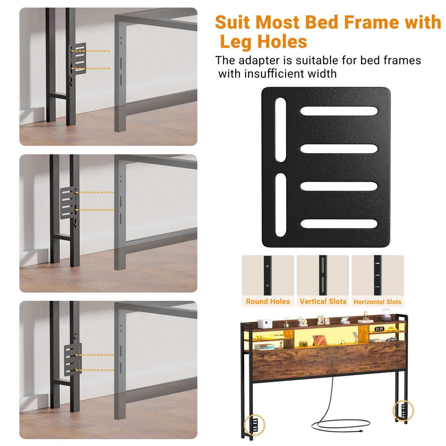 King Headboard with Storage shelves and Charging Station, Wood Headboard with LED Light