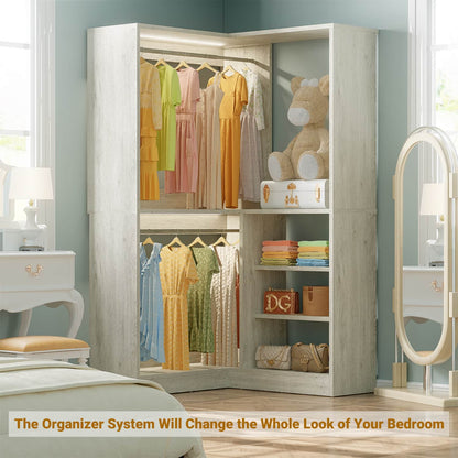 Corner Closet System with Shelf, Freestanding Closet Organizer with 2 Hanging Rods