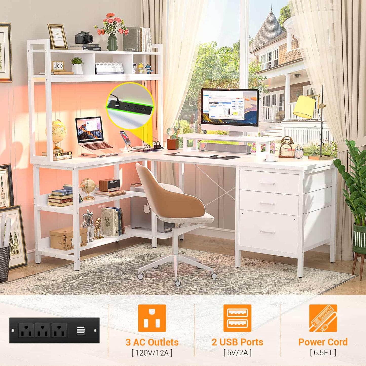 L Shaped Computer Desk with Hutch, Power Outlets, LED Lights & Storage Drawers
