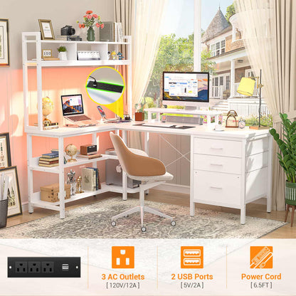L Shaped Computer Desk with Hutch, Power Outlets, LED Lights & Storage Drawers
