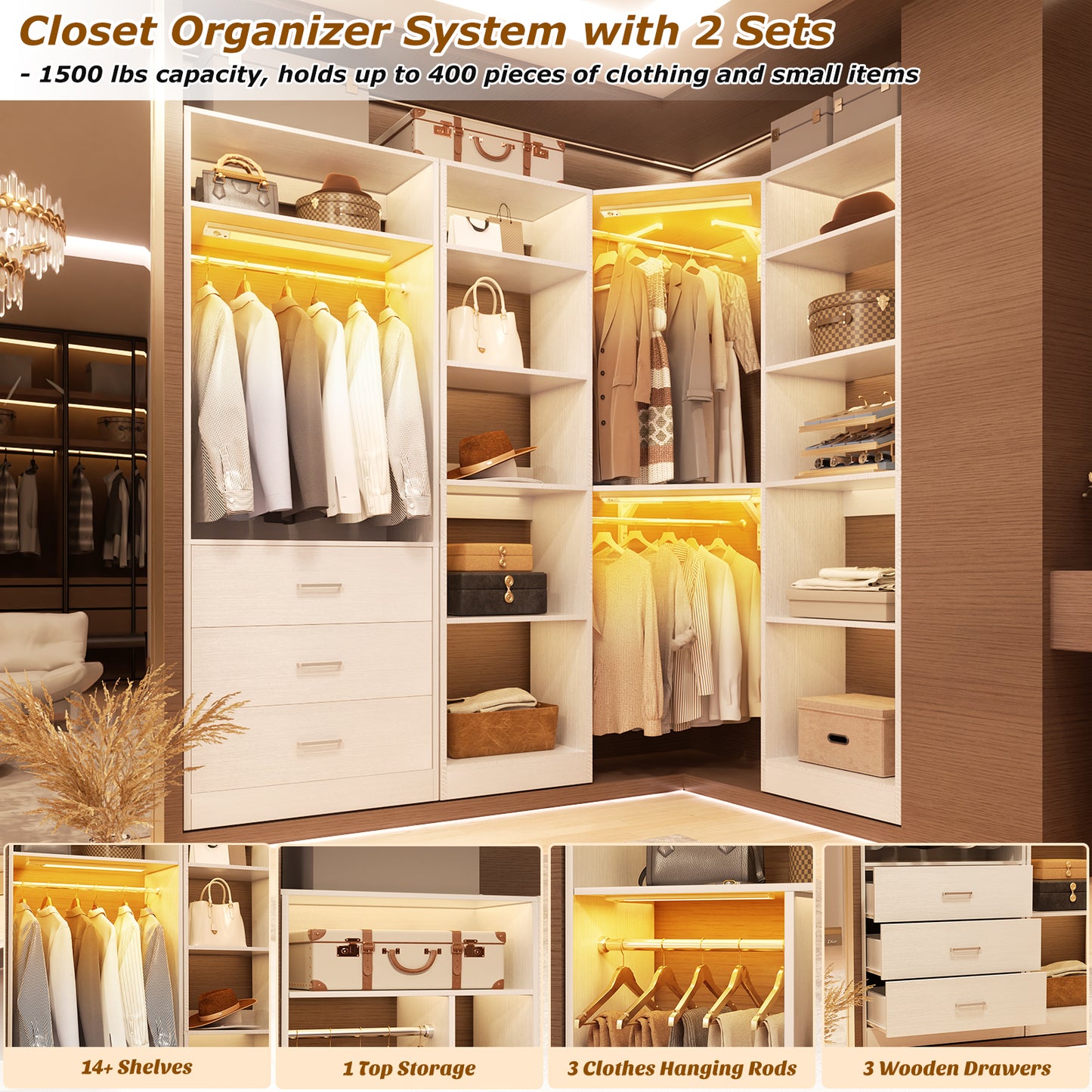 Corner Closet System with 2 Sensor Lights, Corner Closet Organizer with 3 Drawers, 13 Shelves & 3 Hanging Rods