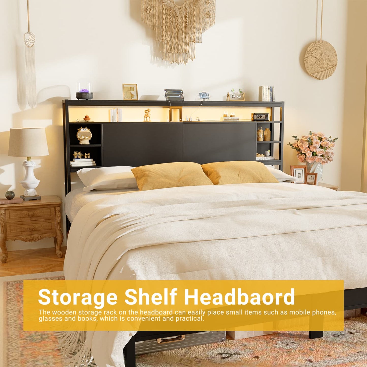 King Headboards with Power Outlets and Storage Space