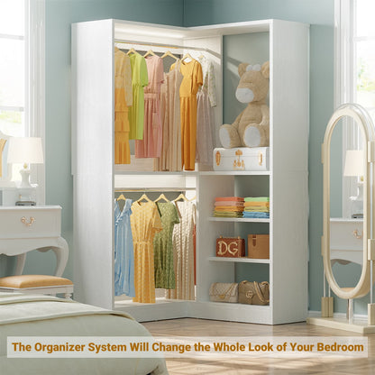 Corner Closet System with Shelf, Freestanding Closet Organizer with 2 Hanging Rods