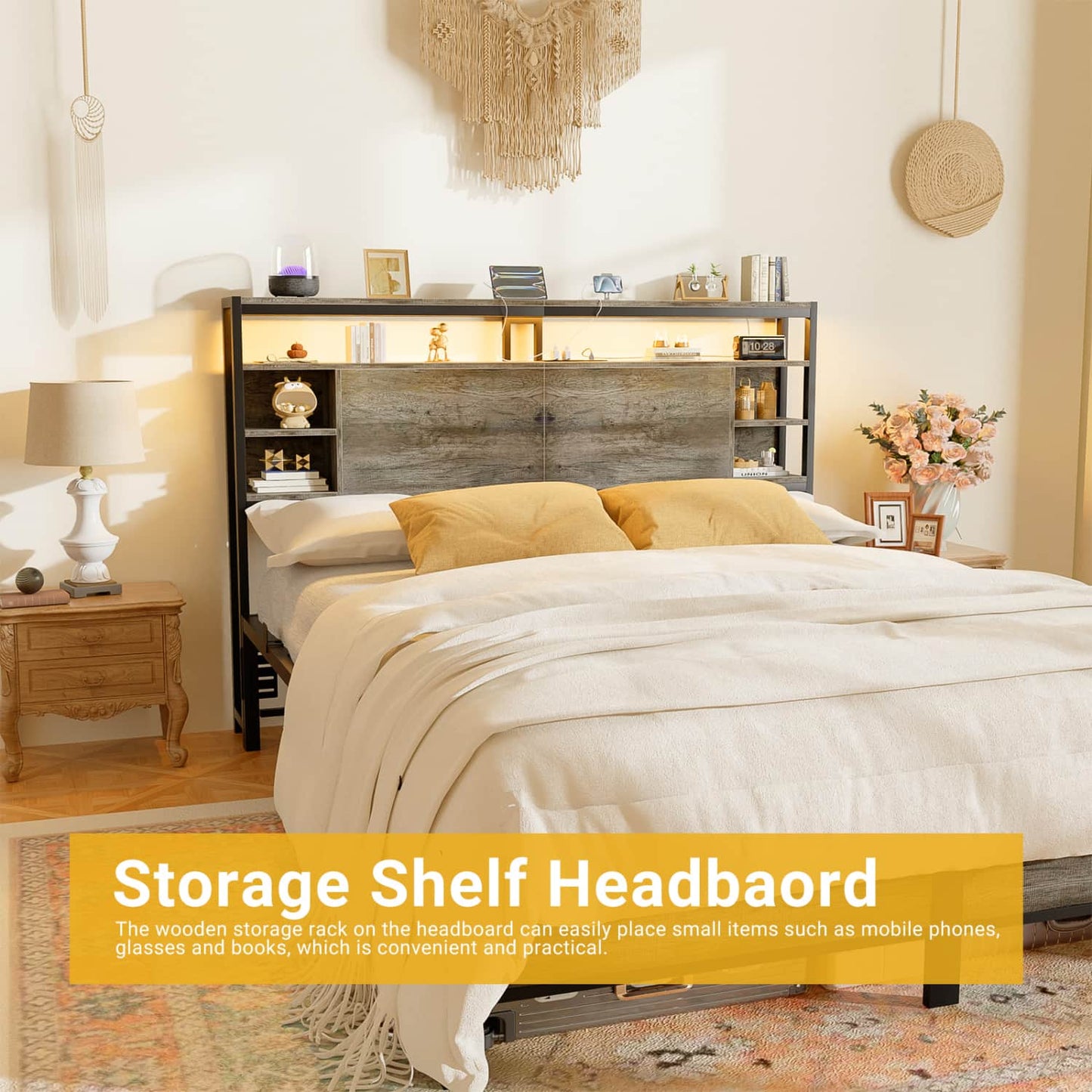 Queen Headboards with Power Outlets and Storage Space