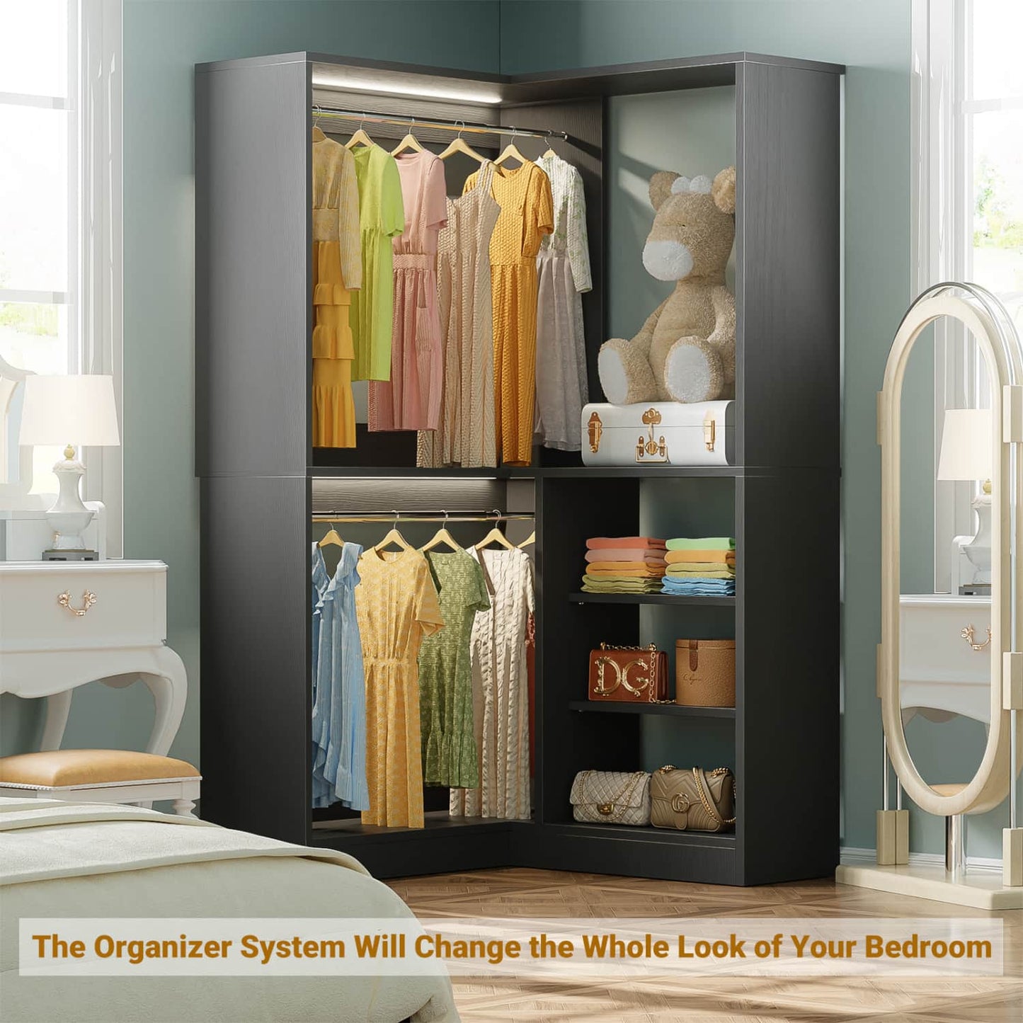 Corner Closet System with Shelf, Freestanding Closet Organizer with 2 Hanging Rods