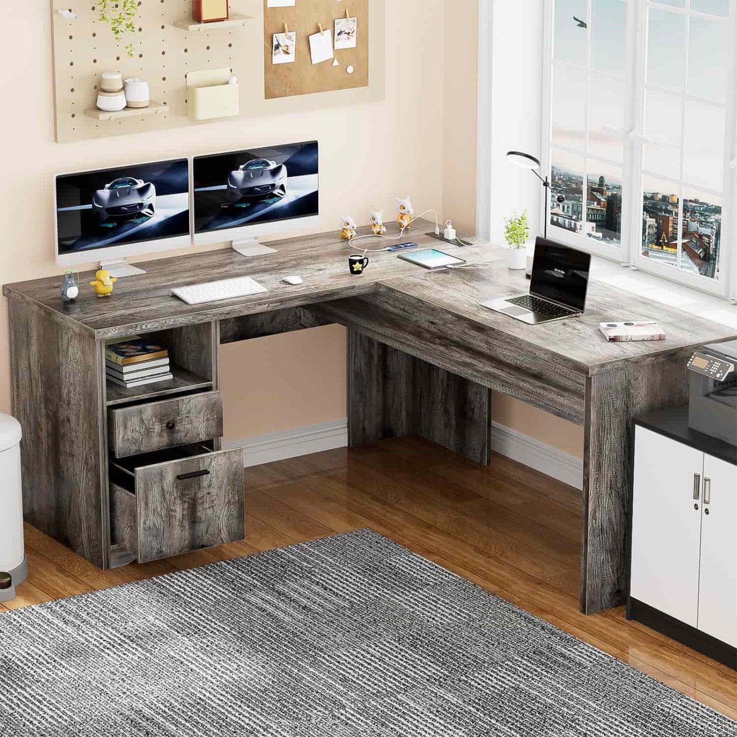 56" Lift Top Computer Desk with Drawers and Power Outlets, Lift Top