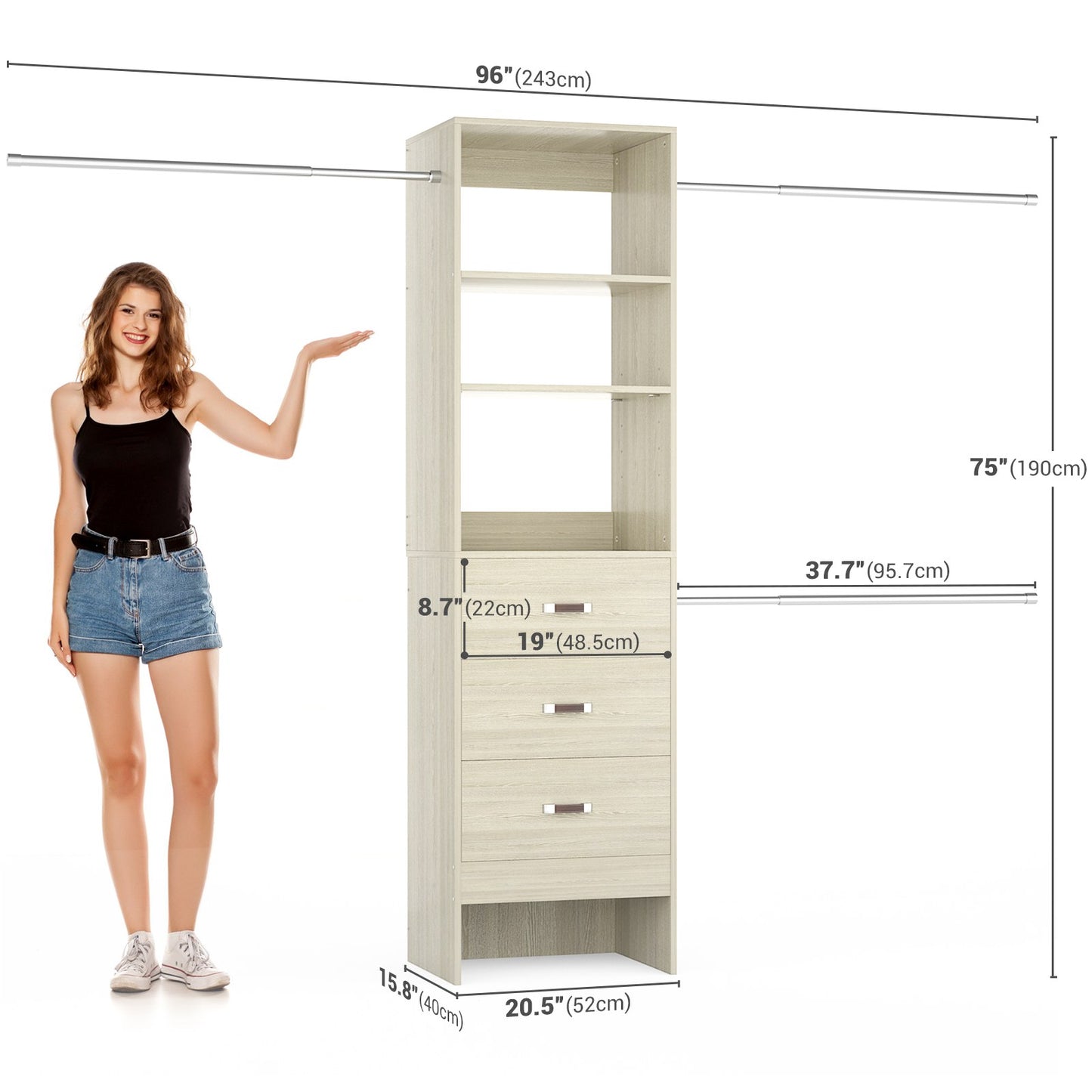 8FT Closet Organizer System with 3 Hanging Rods, 96'' Closet Organizers and Storage with 3 Wooden Drawers