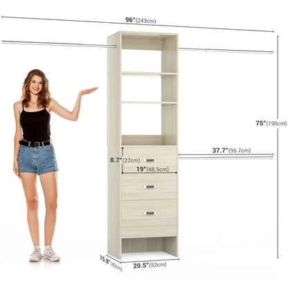 8FT Closet Organizer System with 3 Hanging Rods, 96'' Closet Organizers and Storage with 3 Wooden Drawers