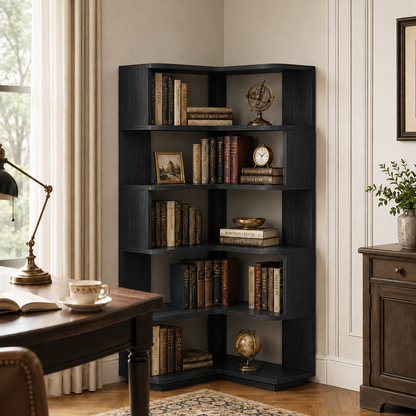 6-Shelf Corner Bookshelf, L-Shaped Tall Corner Shelf with Baffle, 90 Degree