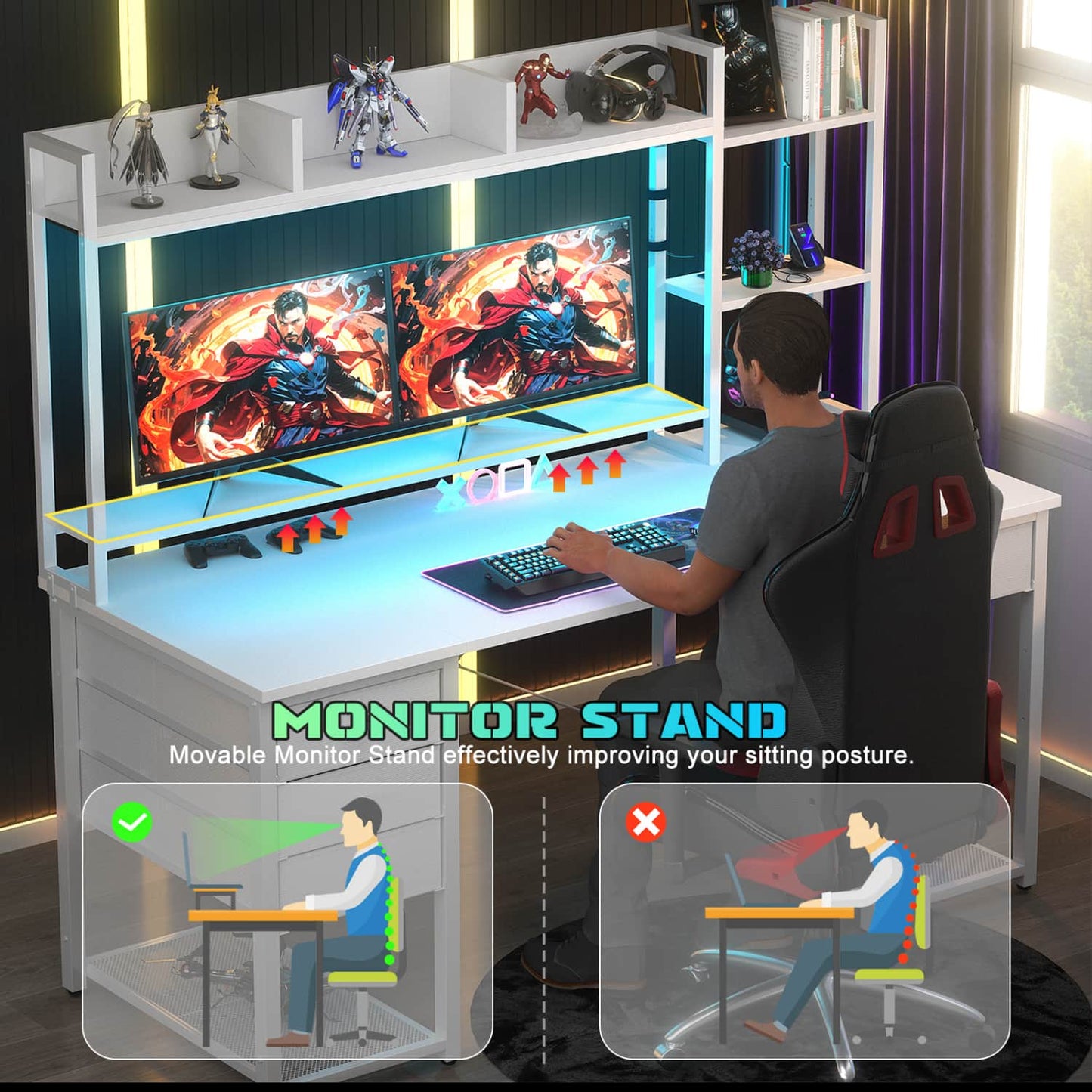 Computer Desk with LED Light, Power Outlet, Farbric Drawers