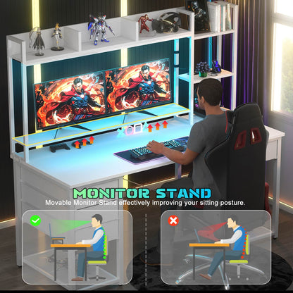 Computer Desk with LED Light, Power Outlet, Farbric Drawers