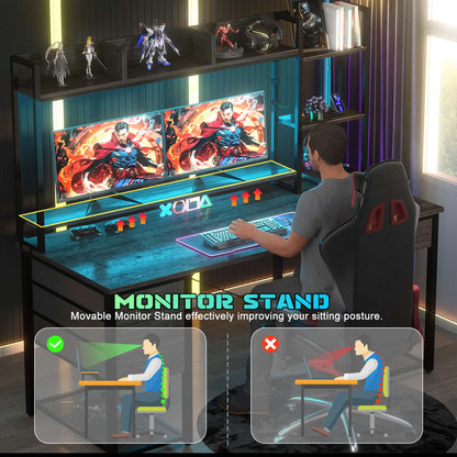 Computer Desk with LED Light, Power Outlet, Farbric Drawers