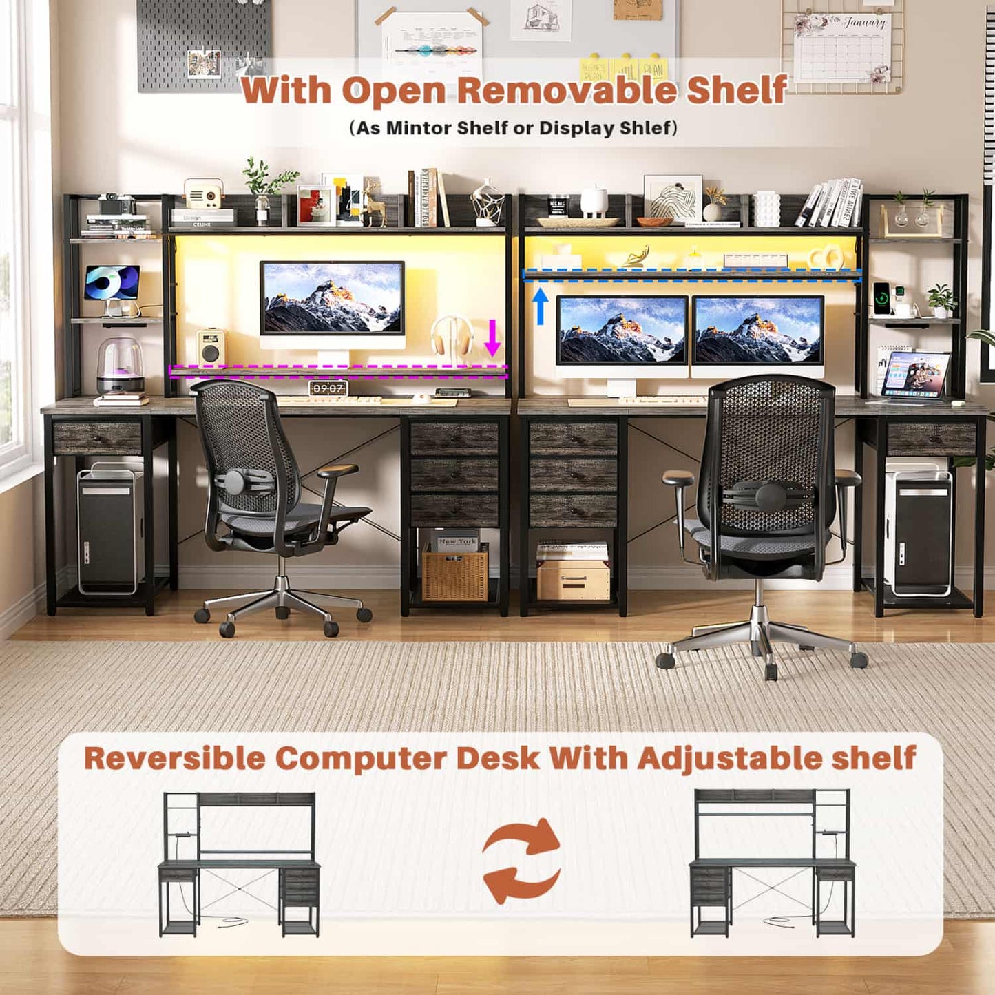Computer Desk with LED Light, Power Outlet, Farbric Drawers