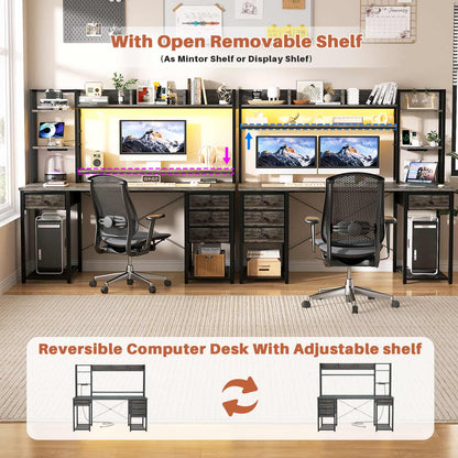 Computer Desk with LED Light, Power Outlet, Farbric Drawers