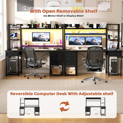 Computer Desk with LED Light, Power Outlet, Farbric Drawers