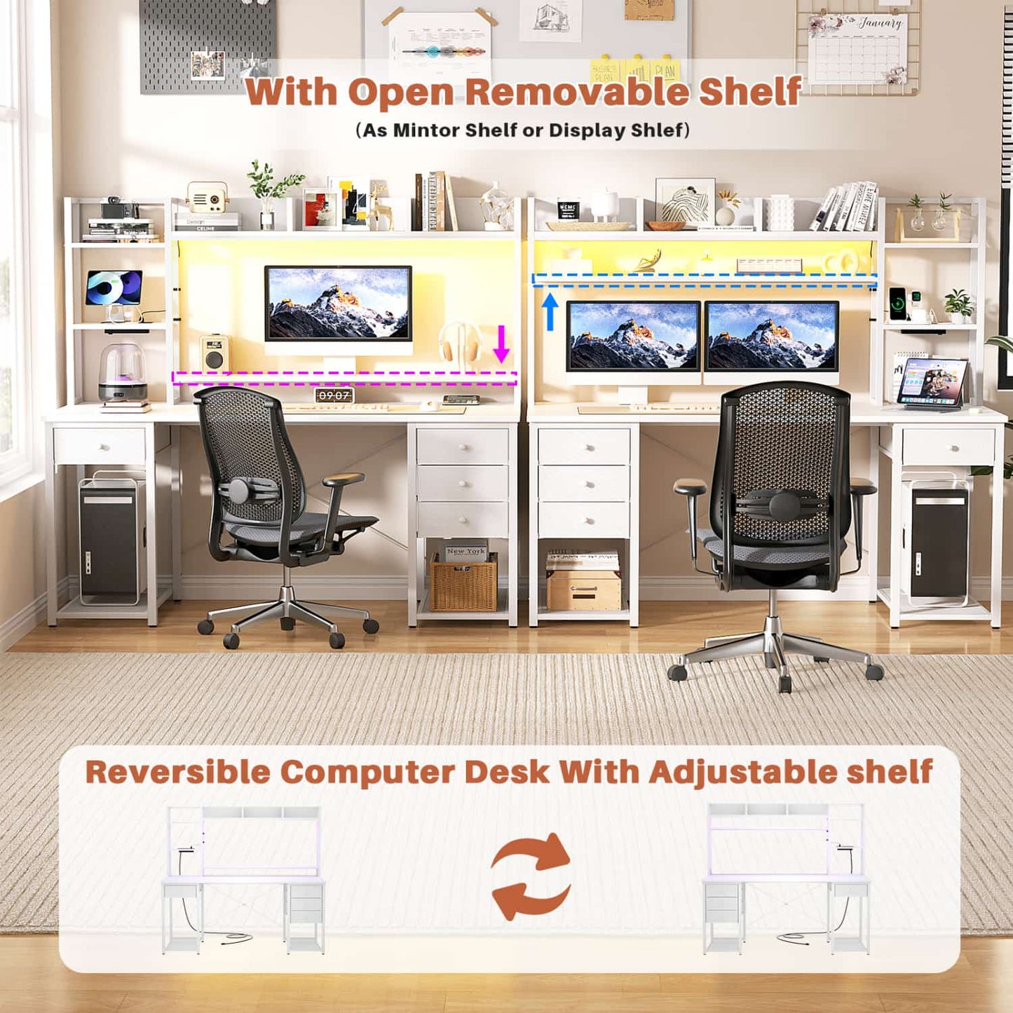 Computer Desk with LED Light, Power Outlet, Farbric Drawers