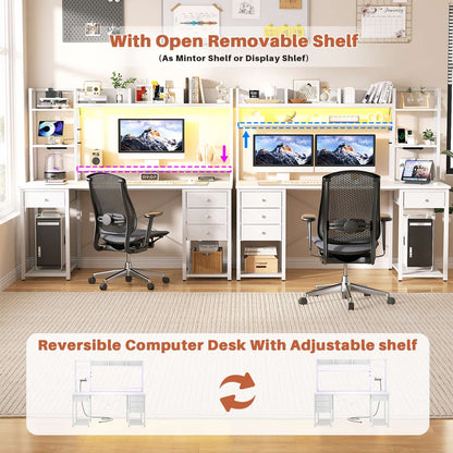 Computer Desk with LED Light, Power Outlet, Farbric Drawers