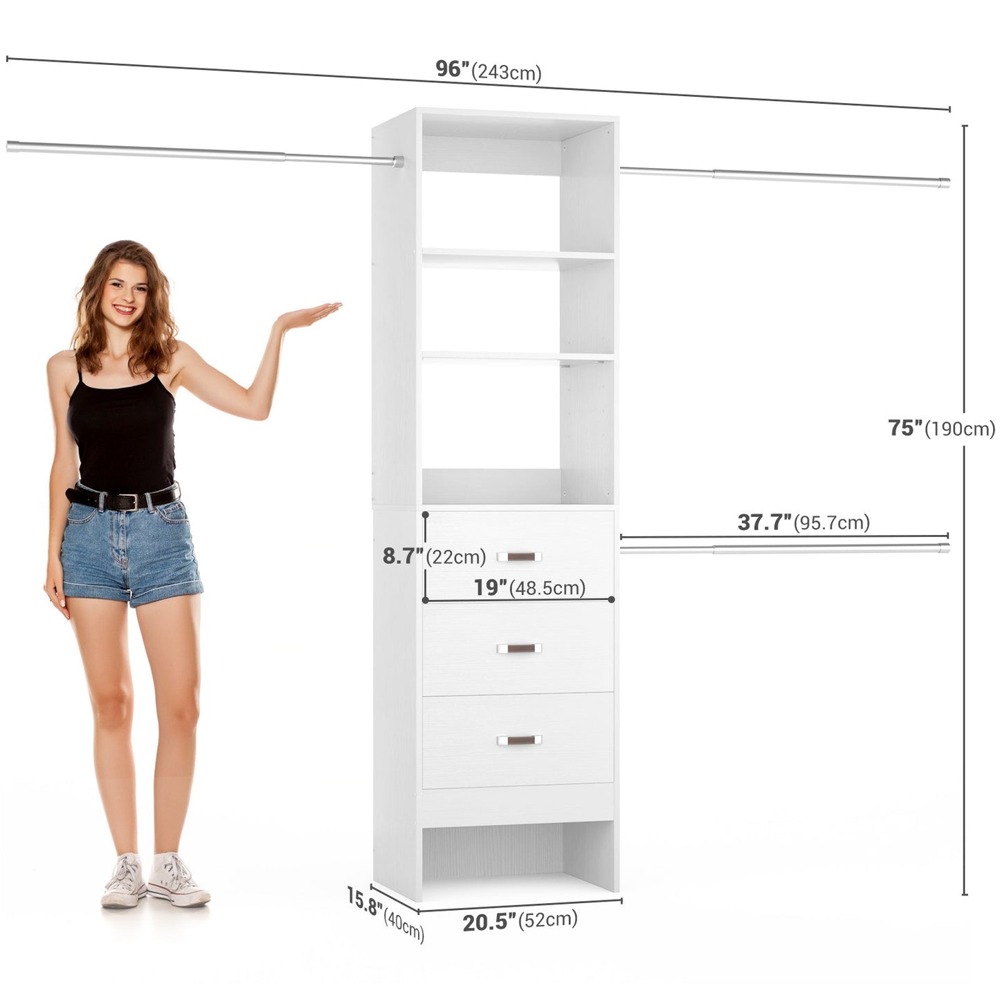8FT Closet Organizer System with 3 Hanging Rods, 96'' Closet Organizers and Storage with 3 Wooden Drawers