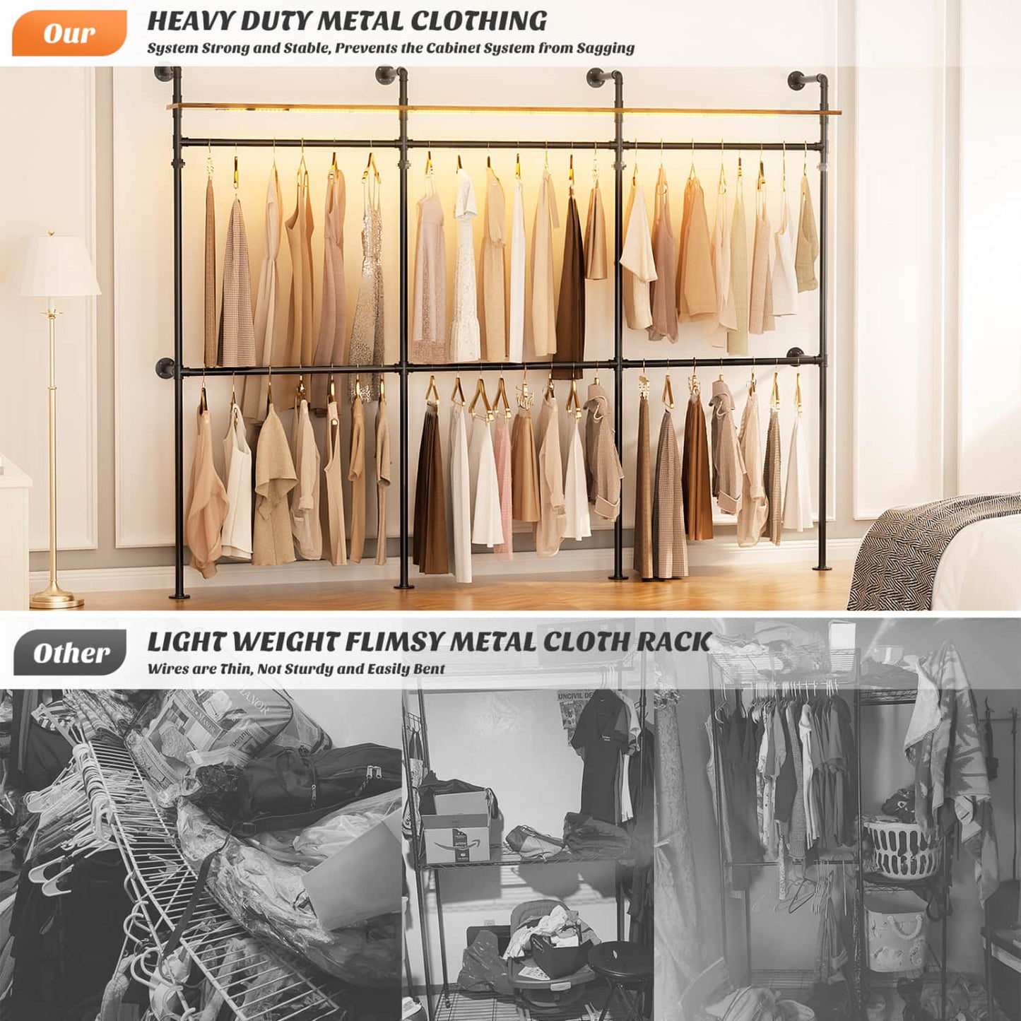 Industrial Pipe Clothing Rack, Reversible 118.3'' Clothes Rack for Hanging Clothes