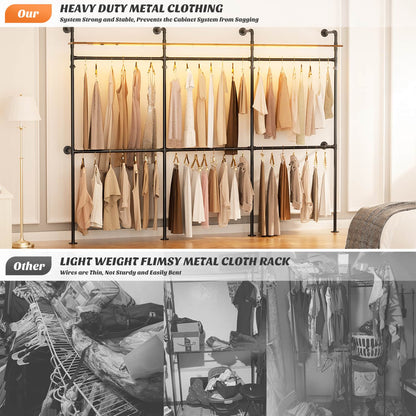 Industrial Pipe Clothing Rack, Reversible 118.3'' Clothes Rack for Hanging Clothes
