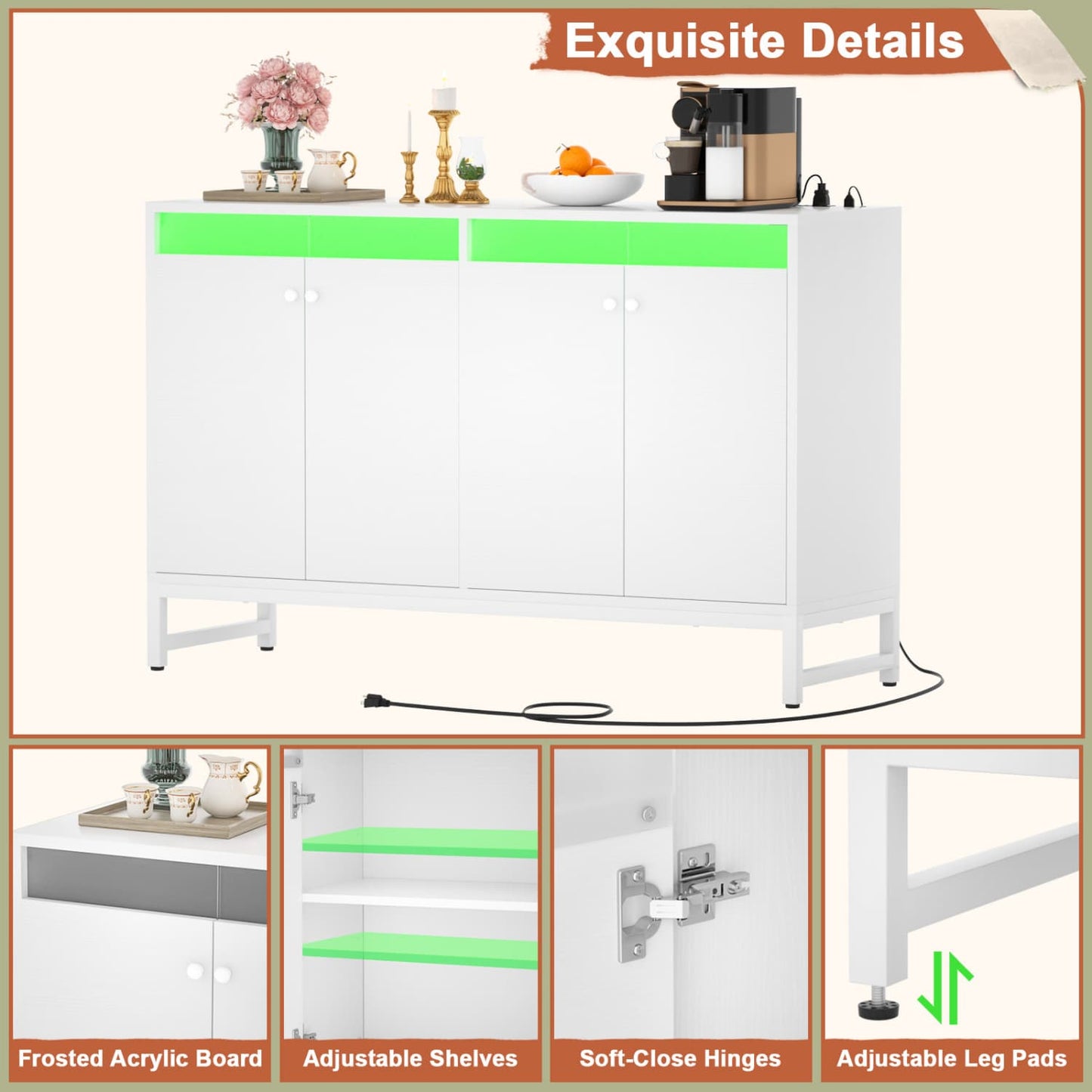Storage Buffet Cabinet with Adjustable Shelves, Coffee Bar with Charging Station, LED Light