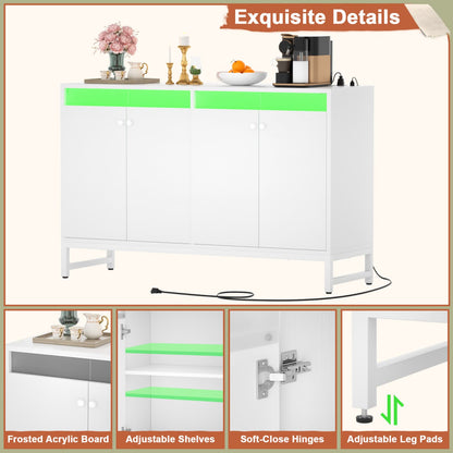 Storage Buffet Cabinet with Adjustable Shelves, Coffee Bar with Charging Station, LED Light