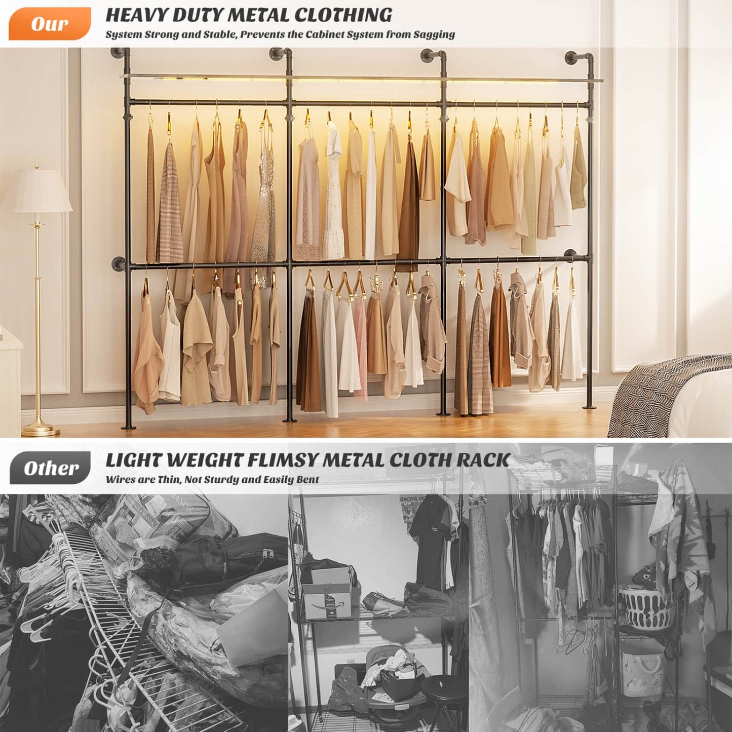 Industrial Pipe Clothing Rack, Reversible 118.3'' Clothes Rack for Hanging Clothes
