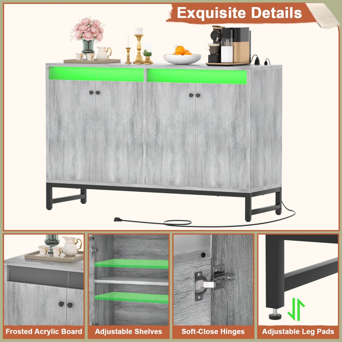 Storage Buffet Cabinet with Adjustable Shelves, Coffee Bar with Charging Station, LED Light
