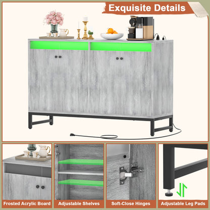 Storage Buffet Cabinet with Adjustable Shelves, Coffee Bar with Charging Station, LED Light