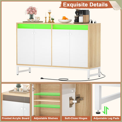 Storage Buffet Cabinet with Adjustable Shelves, Coffee Bar with Charging Station, LED Light