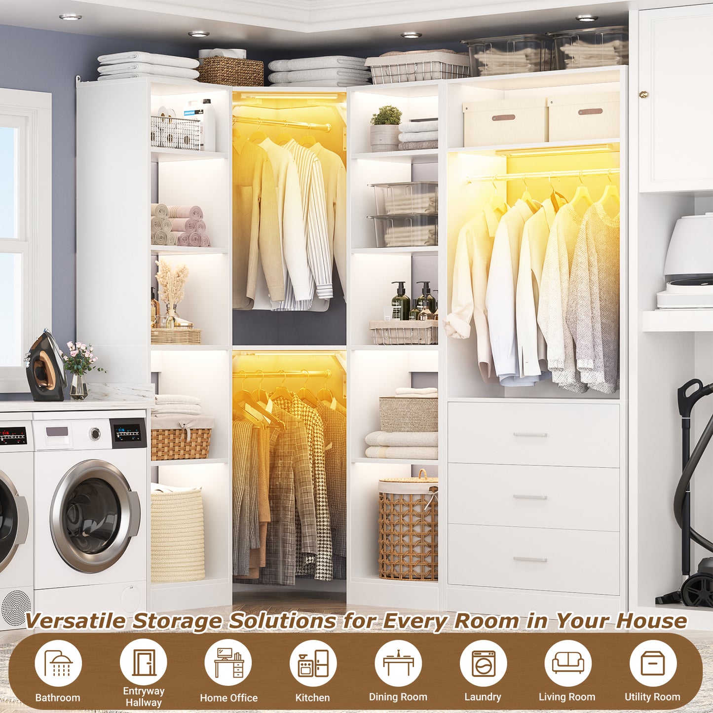 Corner Closet System with 2 Sensor Lights, Corner Closet Organizer with 3 Drawers, 13 Shelves & 3 Hanging Rods