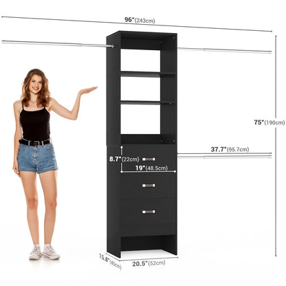 8FT Closet Organizer System with 3 Hanging Rods, 96'' Closet Organizers and Storage with 3 Wooden Drawers