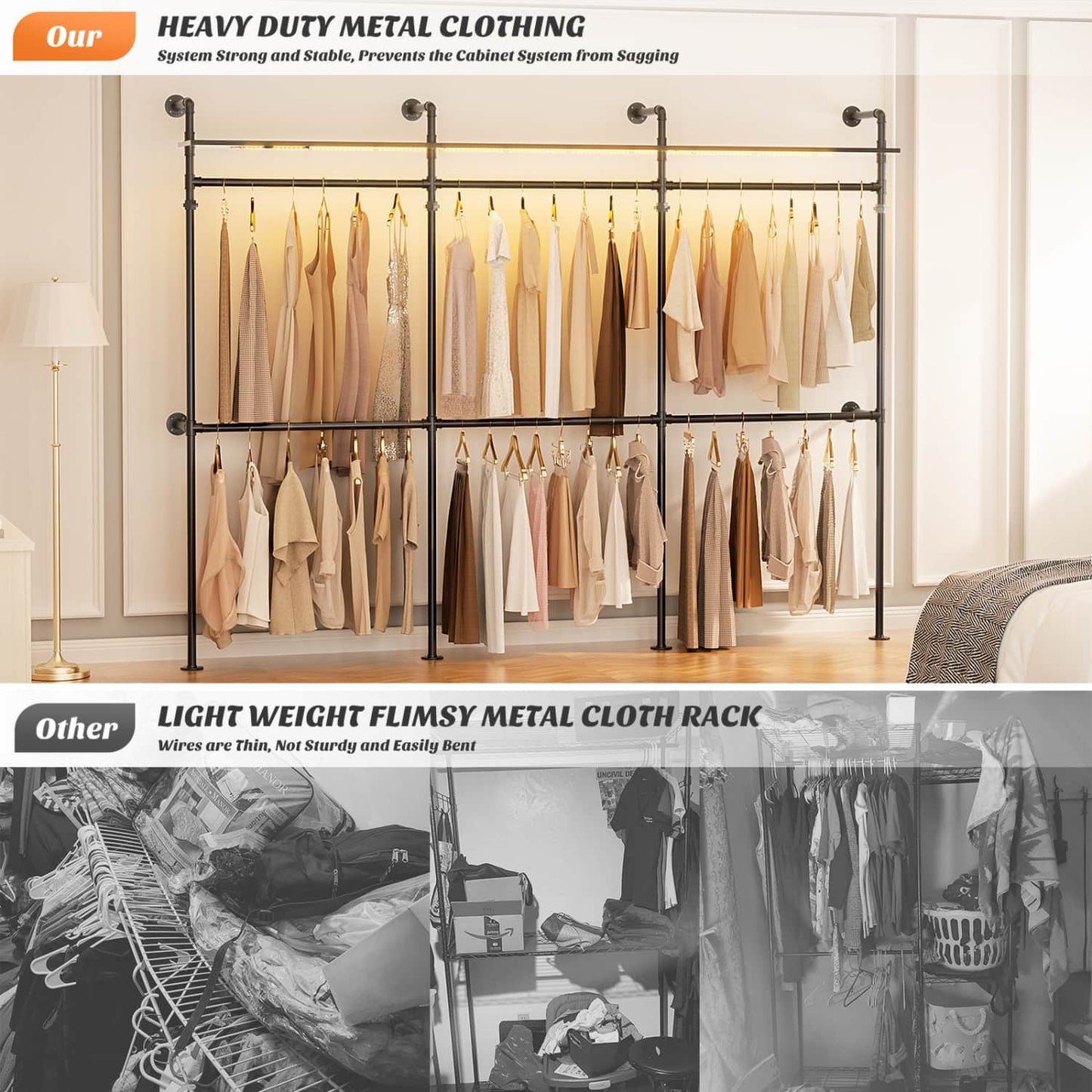 Industrial Pipe Clothing Rack, Reversible 118.3'' Clothes Rack for Hanging Clothes