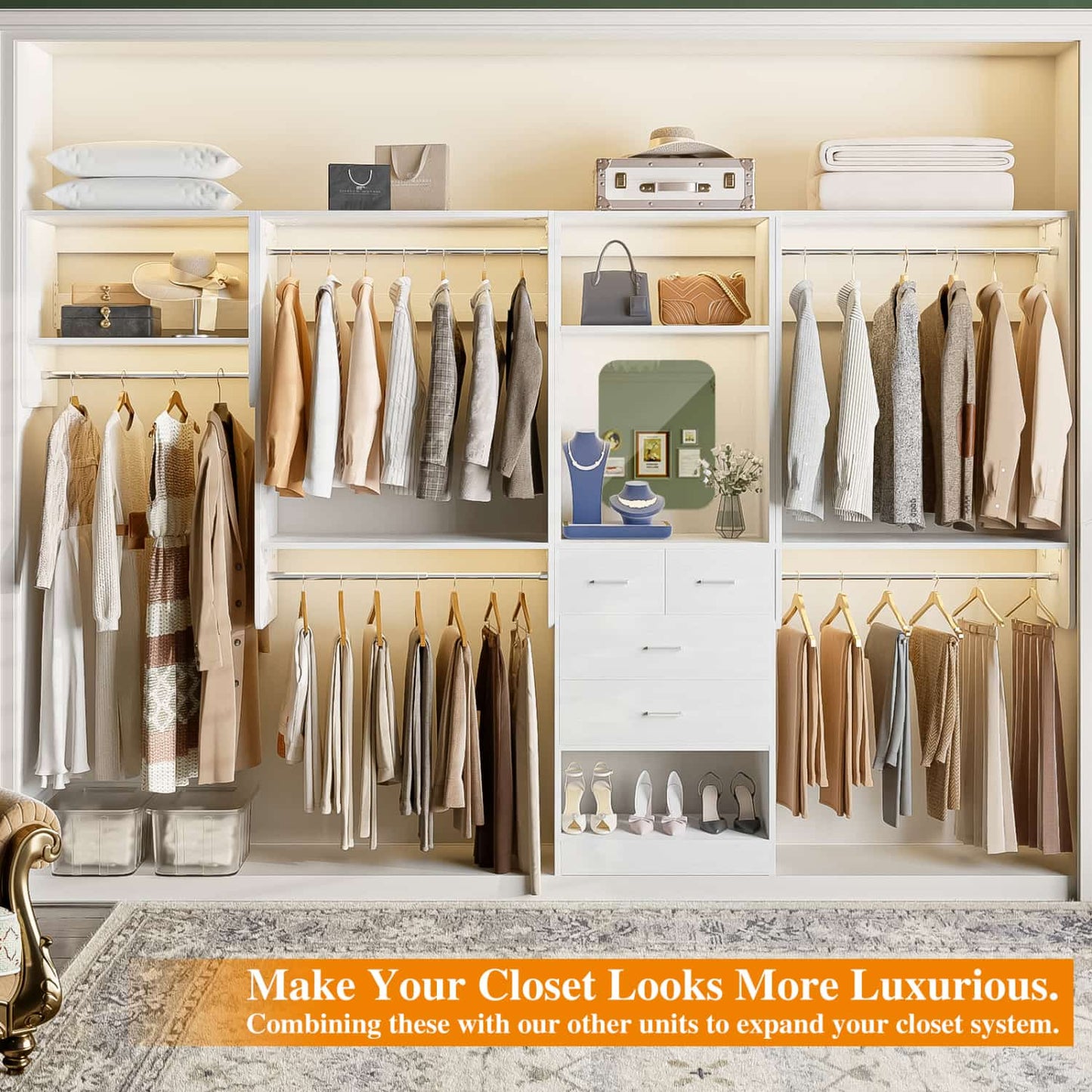 95" Closet Organizer with 5 Hanging Rods, Wall Mounted Clothes Hanging Rack for Organization