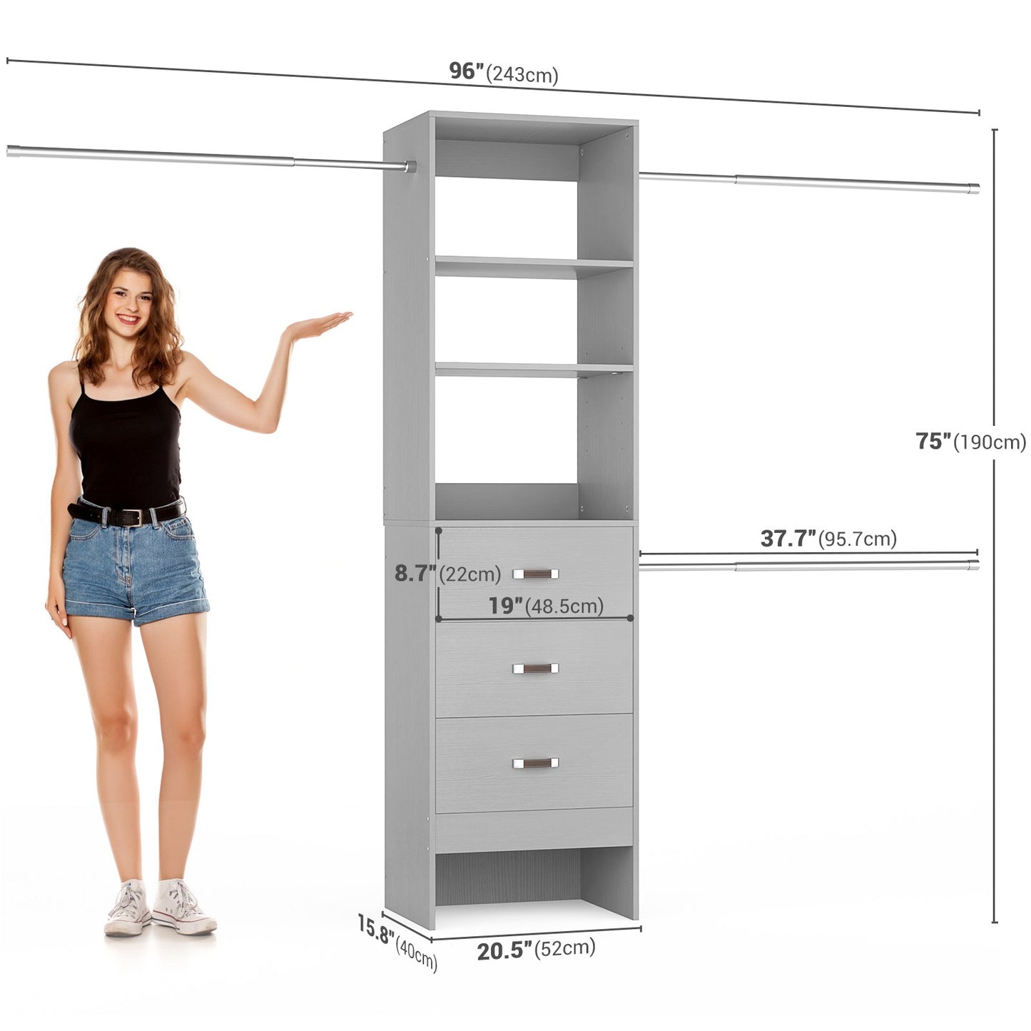 8FT Closet Organizer System with 3 Hanging Rods, 96'' Closet Organizers and Storage with 3 Wooden Drawers