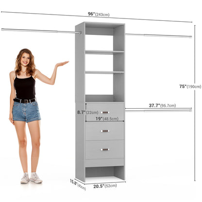8FT Closet Organizer System with 3 Hanging Rods, 96'' Closet Organizers and Storage with 3 Wooden Drawers