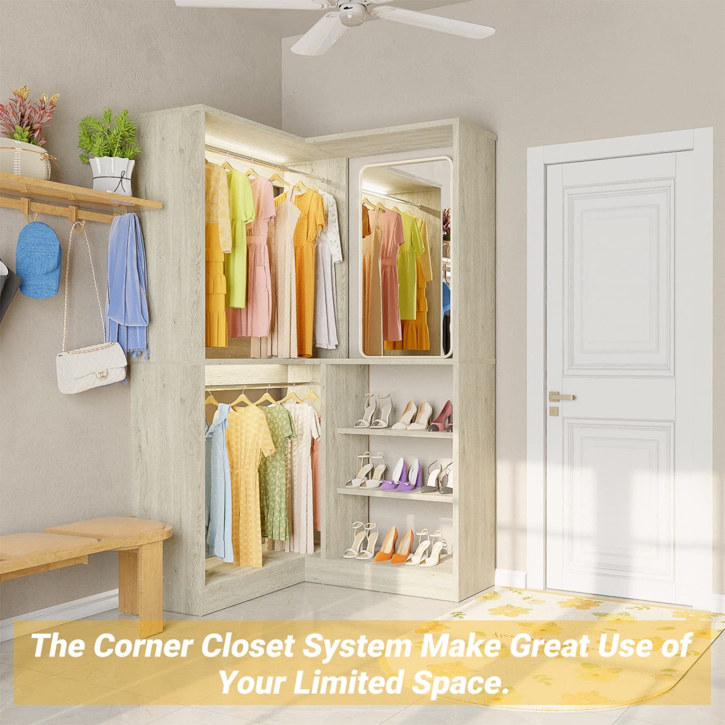 Corner Closet System with Shelf, Freestanding Closet Organizer with 2 Hanging Rods