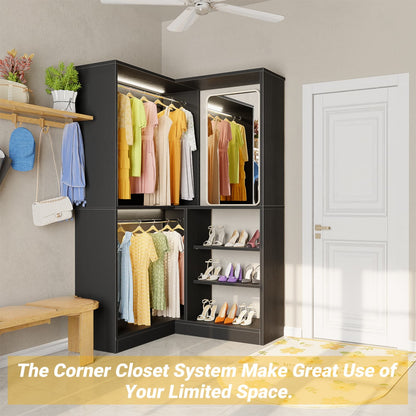 Corner Closet System with Shelf, Freestanding Closet Organizer with 2 Hanging Rods