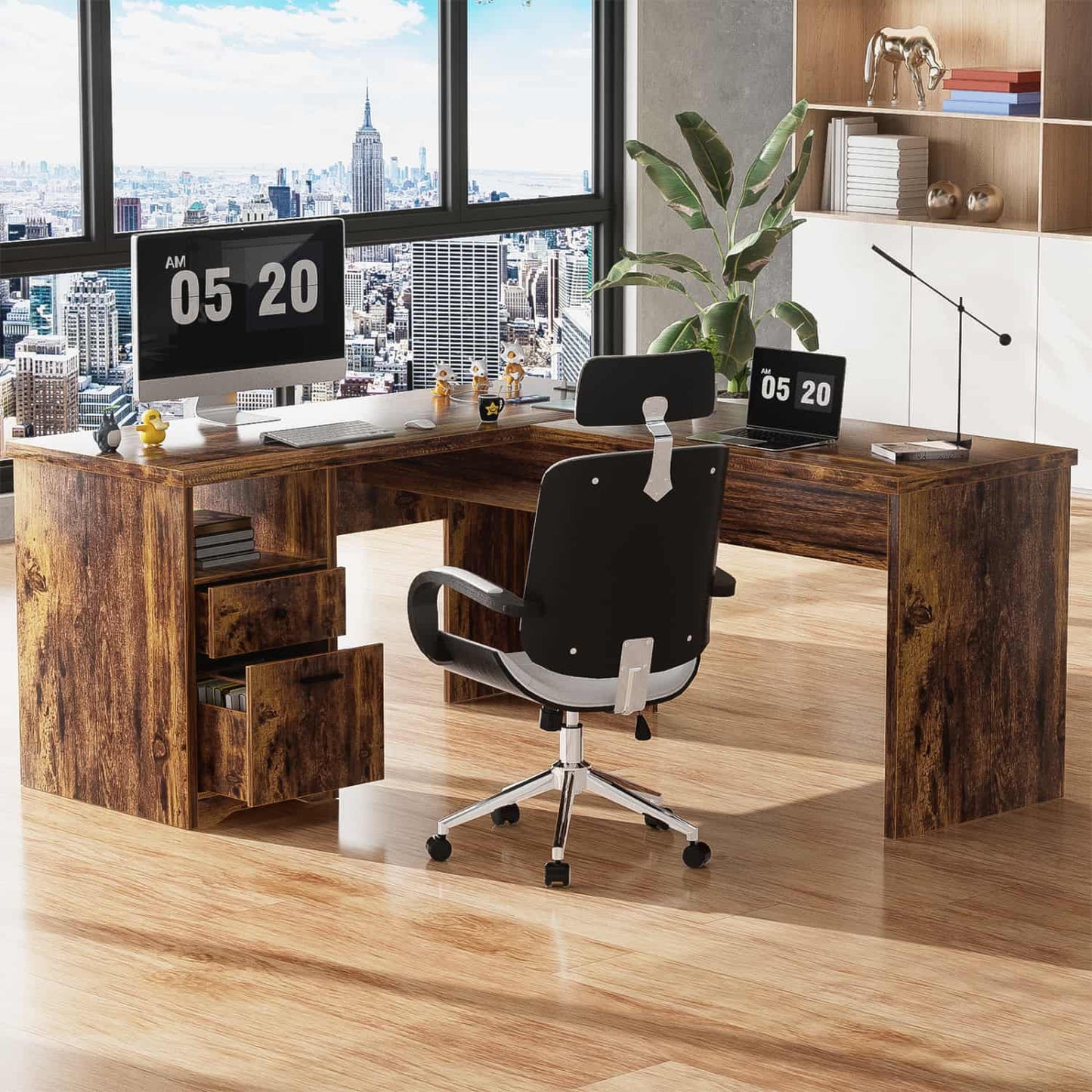 56" Lift Top Computer Desk with Drawers and Power Outlets, Lift Top