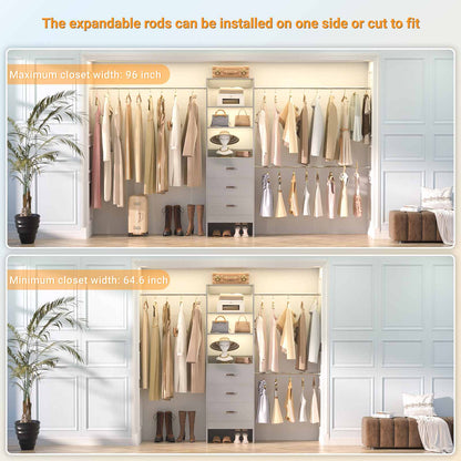 8FT Closet Organizer System with 3 Hanging Rods, 96'' Closet Organizers and Storage with 3 Wooden Drawers